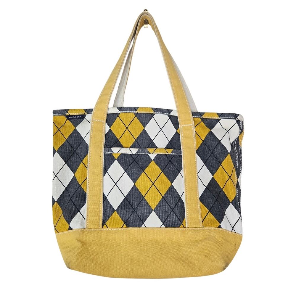 Lands End Boat Tote Yellow Gray Canvas Argyle Print Preppy Academia Travel